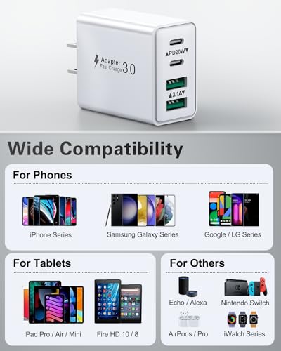 USB C Charger Block, 2Pack 40W 4-Port Type C Fast Charging Block Dual PD Power Adapter+QC Plug Double Wall Charger Blocks Multiple USBC Charging Cube for iPhone 17 16 15 14 13 12 11 Pro Max, Samsung