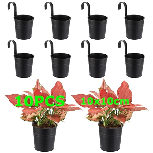 SHUESS 10er Blumentopf hängend Metall Schwarz mit Haken - Blumentöpfe zum Aufhängen für Balkon Terrasse Garten - Rostfreie Hängetöpfe für Pflanzen mit Drainagelöchern - Dekorative hängende Blumentöpfe