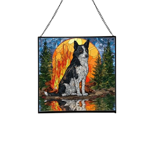 Karelian Bear Dog Christmas Stained Glass Suncatcher – Square Hanging Holiday Window Panel with Cozy Fireplace Scene – Winter Glass Art Decoration Gift for Animal Lovers, Pet Owners JhWN7j