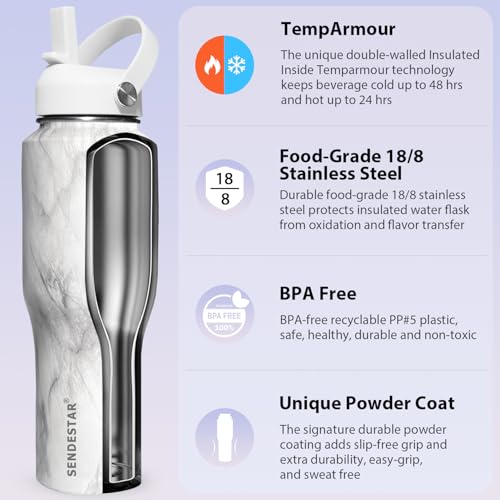 Image of SENDESTAR 32oz Water Bottle Wide Mouth Stainless Steel Vacuum Insulated Double Wall with 2 Straw Lids Fit in Any Car Cup Holder