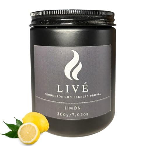 LIVÉ Vela Aromática de Limón en Frasco de Cristal Tintado con Tapa Metálica, 40h de Duración, Parafina terapéutica, Perfume para Hogar, Decoración y Regalo, Reutilizable