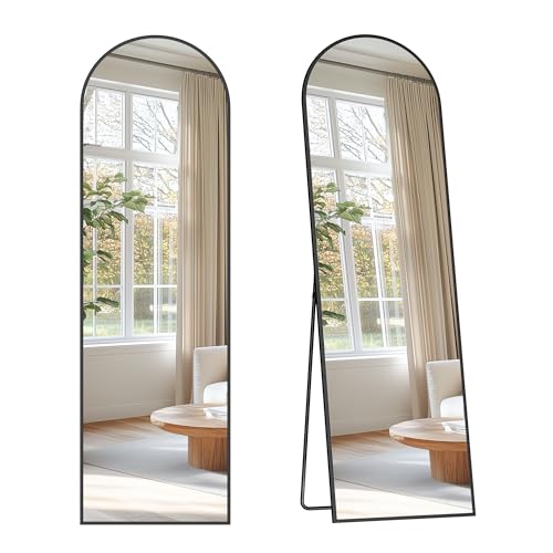 SONGMICS Espejo de Cuerpo Entero, 150 x 40 cm, Espejo Arqueado con Soporte, con Marco de Aleación de Aluminio, Cristal Templado, para Dormitorio, Salón, Vestuario, Negro Tinta LFM035B01