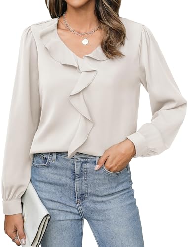 Neweek Blouses for Women Dressy Casual Ruffle V Neck Long Sleeve Shirts Trendy Work Womens Tops