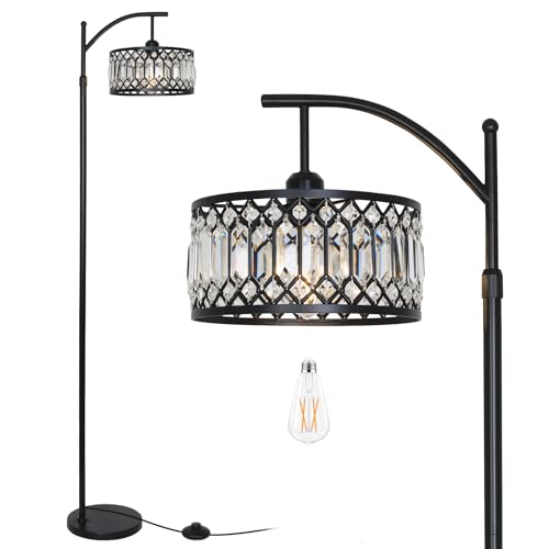 Crystal Floor Lamps for Living Room Modern Arc Floor Lamp Black Standing Lamp with Edison Bulb Height Adjustable Tall Lamp for Bedroom Corner Stand Up Lamp for Office Arched Reading Light
