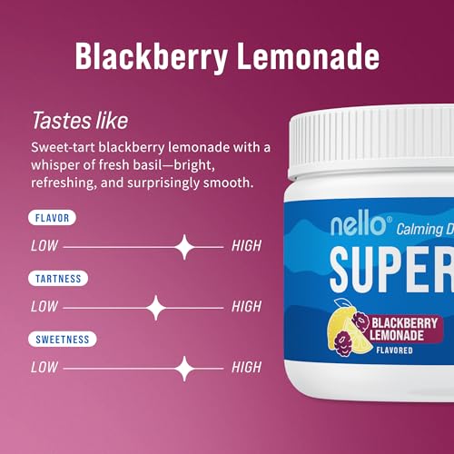 Image of Nello Supercalm Powdered Drink Mix Tub, Cortisol Reducer* and Sleep Aid Supplement, L Theanine, Ksm-66 Ashwagandha, Magnesium Glycinate, Vitamin D 3, No Sugar, Non GMO, 30 Ct, BlackBerry Lemonade