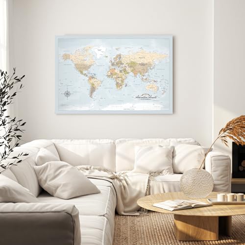 Image of IPIC - Blue Ocean World Map Pin Board Canvas Wall Art, Travel Map with Pins Included, Ready to Hang for Home or Office 36x24 Inch