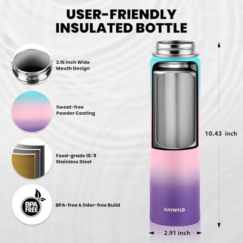 Image of RAYMYLO Insulated Water Bottle 24 oz, Triple Wall Vacuum Stainless Steel (Cold for 24Hrs, Hot for 12Hrs), Leak Proof & Non-BPA, Modern Water Flask Jug with Paracord Handle & Straw Spout Lids