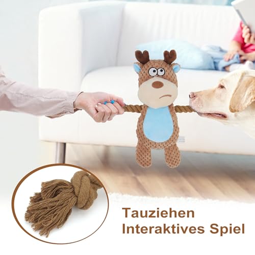 TONYFY Hundespielzeug, Hund Quietschspielzeug mit Knitterpapier, Plüschtier Hund Plüsch Kauspielzeug, Baumwollseil interaktives Spielzeug für Welpen, kleine, mittlere Hunde (Kamelfarbener Elch)