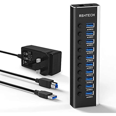 RSHTECH 10 Port USB 3.0 Hub with Power Adapter Cover