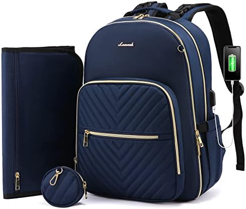 LOVEVOOK Diaper Bag Backpack, Quilted Baby Bag with Changing Pad & Pacifier Holder, Waterproof Travel Diaper Bags with USB Charging Port, Stylish and Large Capacity, Blue