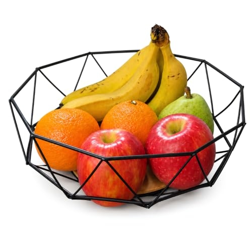 Fruteira Geométrica 28cm Preta Base Madeira Mesa Bancada Moderna