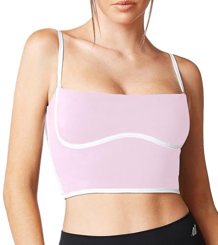 Image of Sleeveless Spaghetti Strap Padded Sports Bra Tank Tops Square Neck Double Layer Workout Fitness Basic Crop Tops