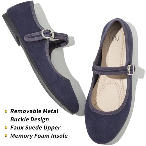 Image of BABUDOG Womens Mary Jane Flats with Strap,Faux Suede Black Flats Shoes,Flats Shoes Women Dressy Comfortable