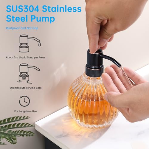 Image of Round Soap Dispenser Bathroom with Oil Rubbed Bronze Pump, Glass Bottle with Stainless Steel Pump Liquid Sphere Soap Dispenser Circular Countertop Kitchen