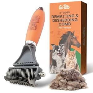 GoPets 2-in-1 Dematting Comb for Dogs, Pet Grooming Rake, Double-Sided Dog Brush for Shedding, Deshedding Brush for Cats, Undercoat Mat Dematting Tool for Long Haired Cats, Grooming Matting Hair