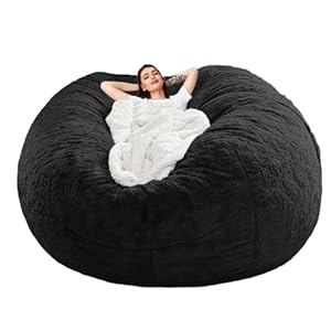 Giant Bean Bag Chair Cover(No Filler),Oversized Round Soft Fluffy PV Velvet Washable Lazy Sofa Bean Bag Bed Cover for Adults, Living Room Bedroom Furniture Outside Cover (Black, 5FT)