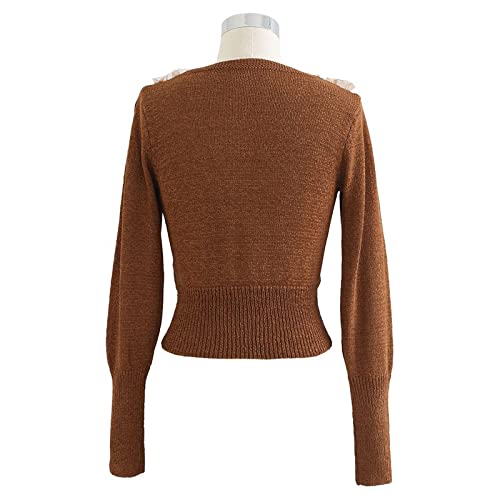 Chicwish Women's Comfy Casual Caramel Mesh Overlay Long Sleeve Wrap Crop Knit Top #TOP3