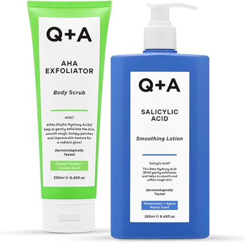 Q+A AHA-Körperpeeling und Salicylsäure-Körperlotion