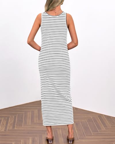 Image of NOLLSOM Women Casual Sleeveless Striped Tank Midi Dresses Spring U Neck Bodycon Dresses T Shirt Summer Dress