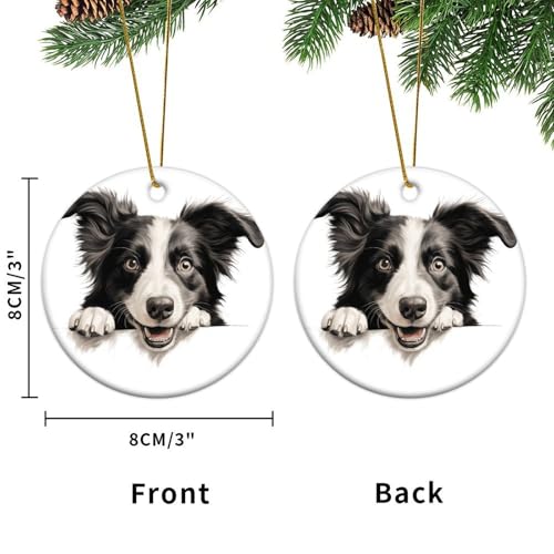Peeking Border Collie Weihnachtsbaumschmuck Hund und Katze Liebhaber Tier Rund Porzellan Anhänger Keramik Porzellan Hängende Weihnachtskugel Geschenk für Urlaub Weihnachtsbaum Party Dekorationen