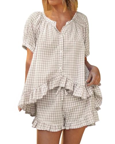 Image of codcm Womens 2 Piece Ruffle Pajama Set Gingham Pjs Short Sleeve Babydoll Shirt and Shorts Plaid Summer Outfits