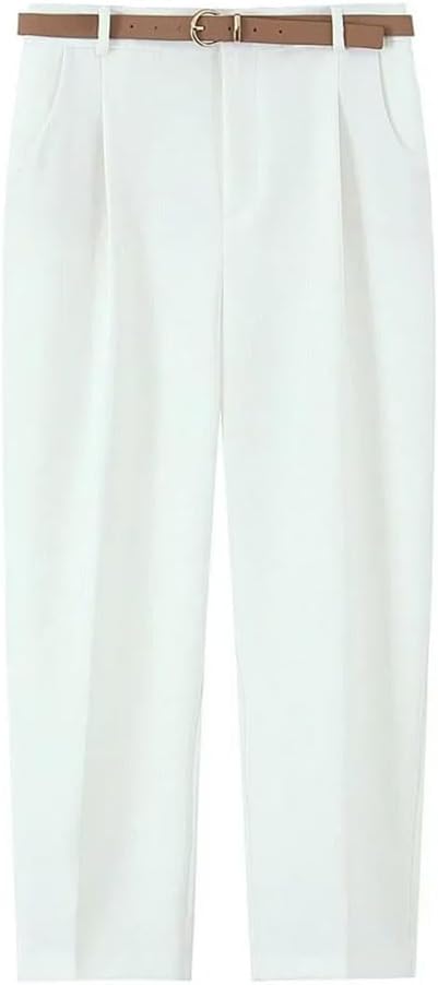 Women's Belted Front Pleated Solid Straight Pants
