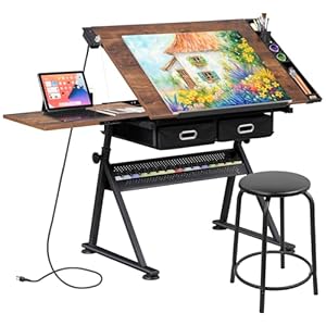 ZENY Adjustable Drafting Table with Stool, Tilting Drawing Desk Artist Table with Storage Drawers, Art Craft Workstation for Home Office Reading, Writing, Crafting