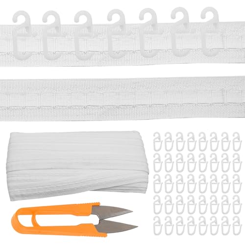 OMJMYY Weiß Gardinenband Kräuselband 30m x 3cm Vorhangband Gardinenband zum Aufnähen mit 100 Stücke Vorhanghaken Gardinen Kräuselband Universalband für Vorhänge Türvorhänge Einrichtungsgegenständen