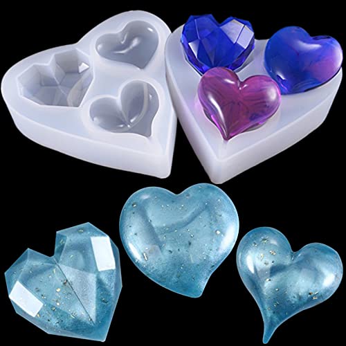 Molde de 3 cavidades 3D Love Heart Crystal Diamond en forma de molde de silicona epoxi Resina de fundición de molde de cristal para joyas de accesorios de joyería para bodas, baby shower Cover