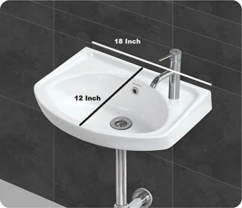 Image of Wash Basin Wall Hung Mounted Glossy Finish White Sink for Bathroom - (18 x 12 x 6 Inch)