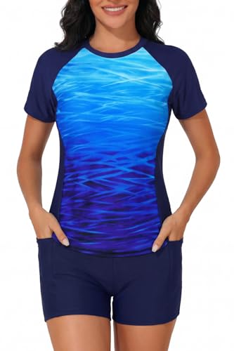 Image of Daci Short Sleeve Rash Guard 2 Piece Swimsuits with Bord Shorts | Sun Protection,Two Pockets,Clolor Block,High Waisted Short,High Neck,Quick Dry