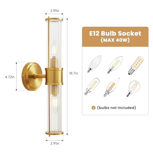 Image of Brushed Gold Wall Sconces Set of 2, Modern Bathroom Vanity Light Fixture with Clear Glass Shades, Hardwired Brass Wall Mounted Lamp for Over Mirror, Hallway, Bedroom (E12 Bulbs Not Included)