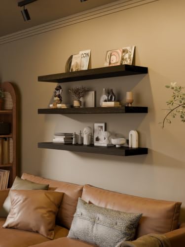 Image of 48 Inch Extra Deep Floating Shelves Set of 3-12 inch Wide Solid Paulownia Wood Wall Mounted Shelves, Black Wood Finish, Heavy Duty Long Display Ledge for Kitchen, Living Room & Home Office