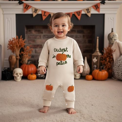 Lamuusaa Newborn Baby Girl Boy Halloween Outfit Cutest Pumpkin In the Patch Romper Pumpkin Bodysuit Jumpsuit Fall Outfit2