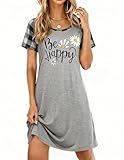 Ekouaer Womens Nightgown Short Sleeve Night Dress Printed Sleepwear Soft Sleep Shirt, Grey Plaid, L