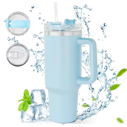 AGH life 1182ML 40OZ Mug Isotherme, Tasse à café à paroi double isolée sous vide acier couvercle, Café avec poignée et Paille Gobelet Isotherme Réutilisablestient (bleu)