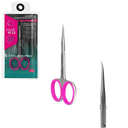 Staleks Pro, Tijeras Profesionales para Piel Cutícula, Hojas Cuchillas con Gancho y Mangos de Silicona Rosa, Afilado Manual, SS - 41 / 3