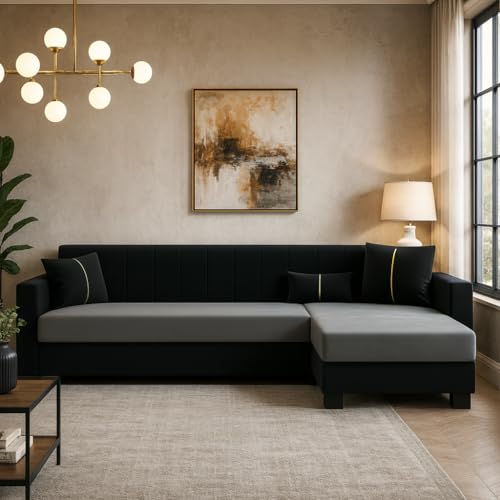 Image of SOCOZI Alveria 5 Seater RHS L Shape Sofa Set | Soft Velvet Suede Fabric | Modern Design | Plush Comfort Cushions for Living Room (Light Grey-Black)