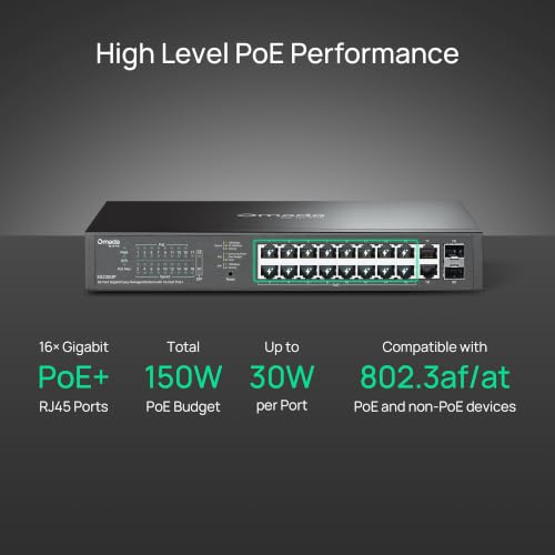 Image of TP-Link Omada 16 Port Gigabit Easy Managed PoE Switch, 150W Budget, PoE+ Compliant, Up to 250m Distance, Auto Recovery, VLAN, Loop Prevention, Fanless (ES220GP)