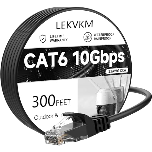Image of Cat 6 Ethernet Cable 300 ft, 23AWG Solid CCA Copper-Clad Aluminum, PE Waterproof Outdoor, Rigid Durable Jacket for Direct Burial and Conduit Runs, Supports 10Gbps - Black