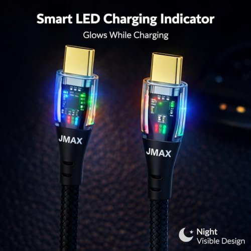 Image of Jmax USB Type C Cable 1 m Crystal Series 65W Type C to Type C Fast Charging Cable with Smart LED Indicator | Transparent Charging Head | PD Supported (Compatible with MOBILE, LAPTOPS, TABLET, COMPUTER