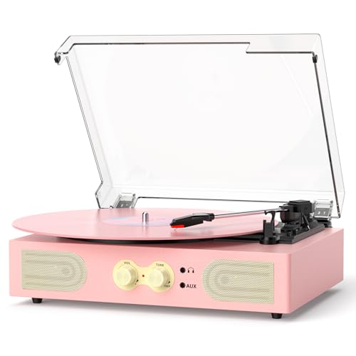 Image of Vinyl Record Player with Built-in Speakers, Vintage 3-Speed Turntable, Bass /Treble Control, Headphone Jack, RCA /AUX Outputs, Belt-Driven LP Player, Pink