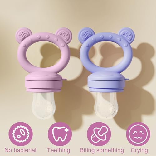 Image of Baby Breastmilk Popsicle Molds & Baby Fruit Feeder (4 Pack), Infant Food Freezer Tray Storage Containers, Silicone Teething Pacifier Feeder and Teether for Babies,Boys and Girls-Pink&Purple