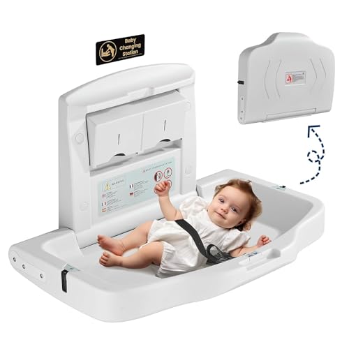 Image of Cabo Deseado Baby Changing Station Wall Mount Commercial Diaper Changing Table Nursery Corner Changing 16” Wall Diaper Changer Station with Safety Strap Wall Restaurant Daycare Bathroom Horizontal