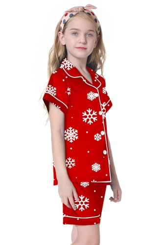 Image of Umeyda Women & Girls Pajamas Set, 2 Piece PJS Satin Silk Sleepwear Button-Down Top with Shorts for Mom Kids Gifts
