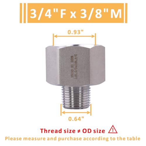Image of Forged Reducer Adapter Fitting - Stainless Steel 304 Reducing Pipe Connector, 3 /4 inch NPT Female x 3 /8 inch NPT Male (pack of 5)