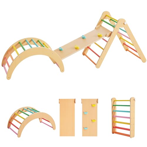 Beright 4 in 1 Pikler Triangle Gym, Montessori Foldable Climber with Ramp, Indoor Climbing Toys for Kids, Climbing Triangle for Toddlers Arch Climber, Rocker, Learning Waldorf Children Toy, Rainbow