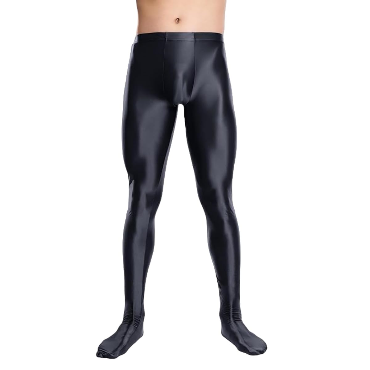Hybursky Men's Black Shiny Tights, High Waist Tummy Control Glossy Yoga Sports High Tight, Stretchy Foil Spandex Pantyhose For 80S Disco, Slim Fit Solid Hold Up Leggings For Dancewear Nightclub Rave Party Fitness