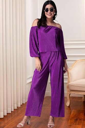 Image of POPWINGS Casual Wrinkle Full Sleeves Off-Shoulder Top and Palazzo Co-ord Set for Women || Co-Ords Set for Women Stylish Western || Top and Palazzos Set for Women|| 2 Piece Set for Women