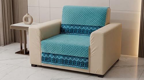 Image of KINGLY Sofa Cover 1 Seater Fully Covered | Stretchable Anti-Slip Slipcover | Washable Furniture Protector | Mint Blue | Set of 2 | Seat & Back |
